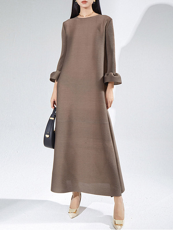 A-Line Loose Pleated Solid Color Round-Neck Maxi Dresses