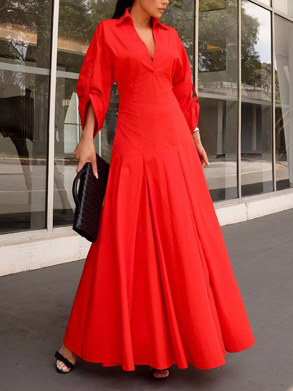 A-Line High Waisted Pleated Solid Color V-Neck Maxi Dresses Shirt Dress