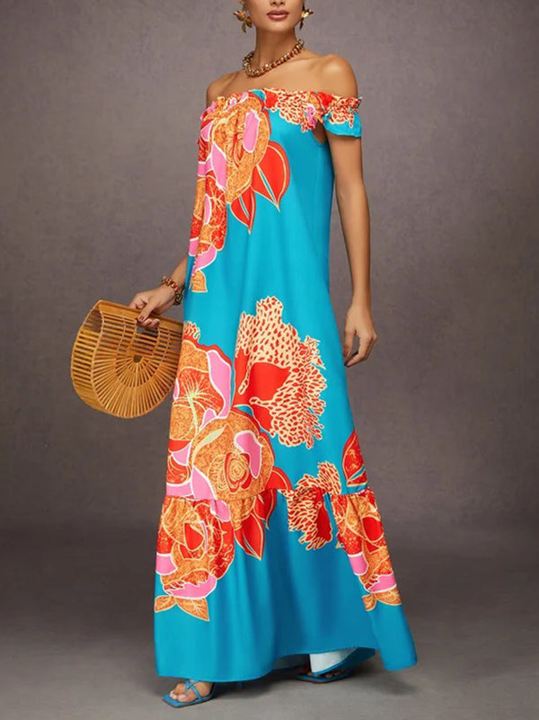 A-Line Loose Elasticity Flower Print Pleated Split-Joint Off-The-Shoulder Maxi Dresses