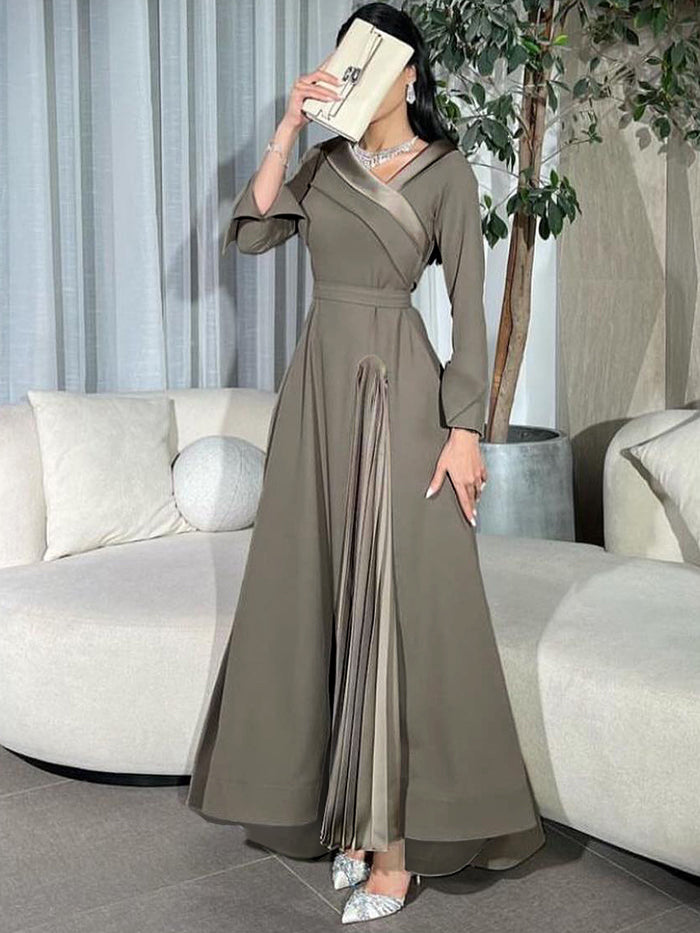 A-Line Wrap Pleated Solid Color Split-Joint V-Neck Maxi Dresses