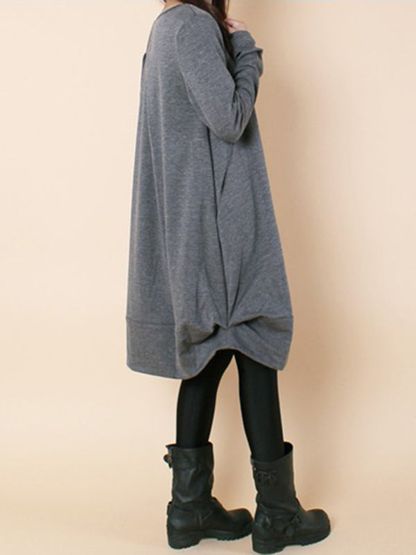 A-line Long Sleeves Pleated Solid Color Round-neck Dresses Maxi Dresses