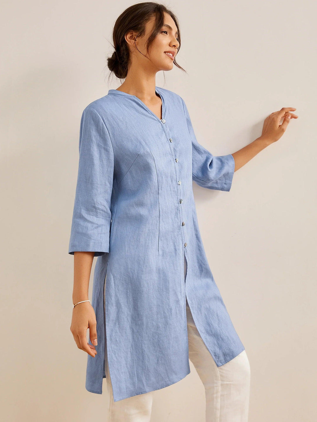 100% Linen Hand Button Long Top DILLON