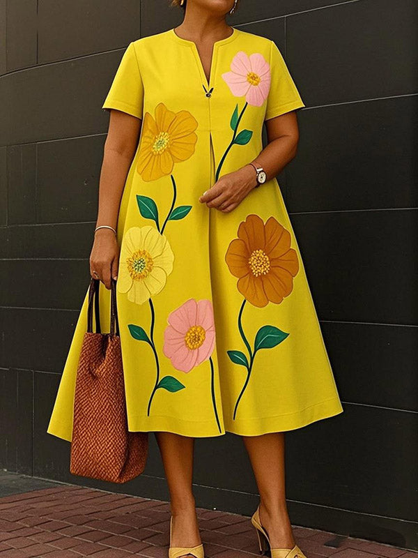A-Line Loose Flower Print V-Neck Midi Dresses