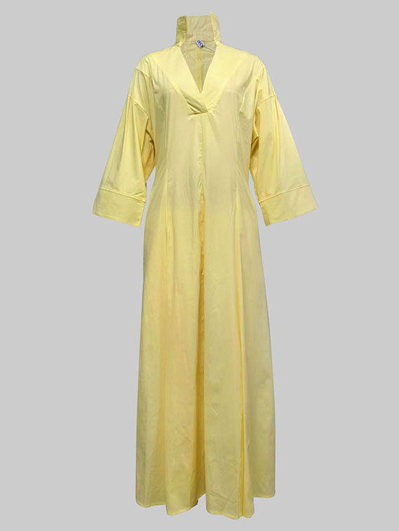 A-Line High Waisted Pleated Solid Color V-Neck Maxi Dresses Shirt Dress