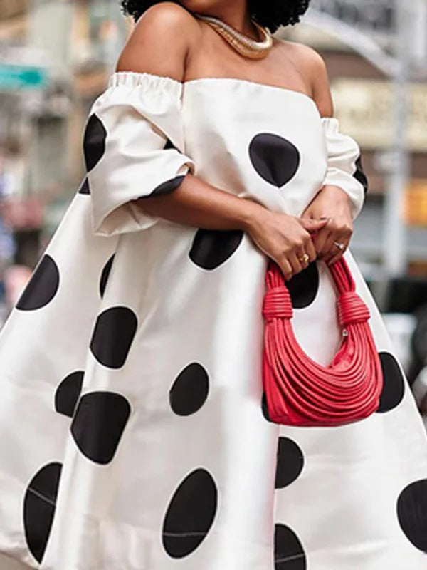 A-Line Loose Polka-Dot Split-Joint Off-The-Shoulder Midi Dresses