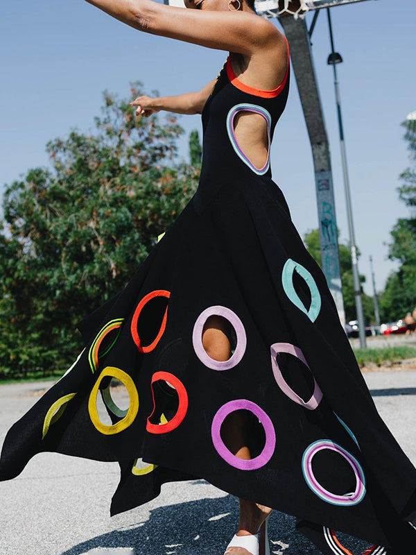 A-Line High Waisted Contrast Color Hollow Round-Neck Maxi Dresses