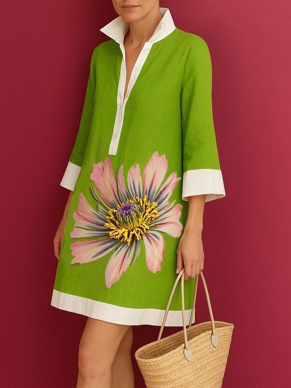 Loose Three-Quarter Sleeves Buttoned Contrast Color Flower Print Lapel Mini Dresses