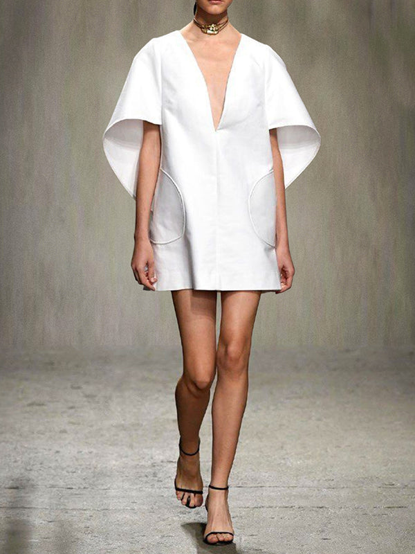 Half Sleeves Loose Solid Color Deep V-Neck Mini Dresses