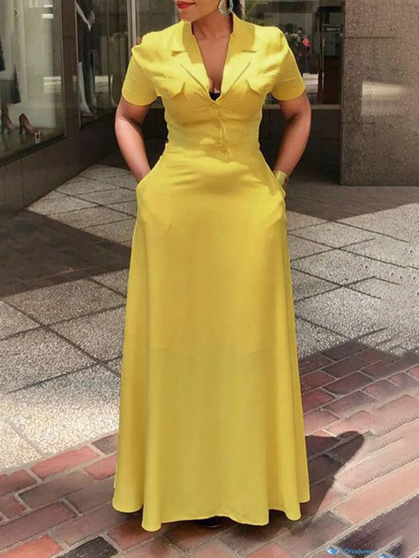 A-Line Loose Buttoned Pockets Solid Color Deep V-Neck Maxi Dresses