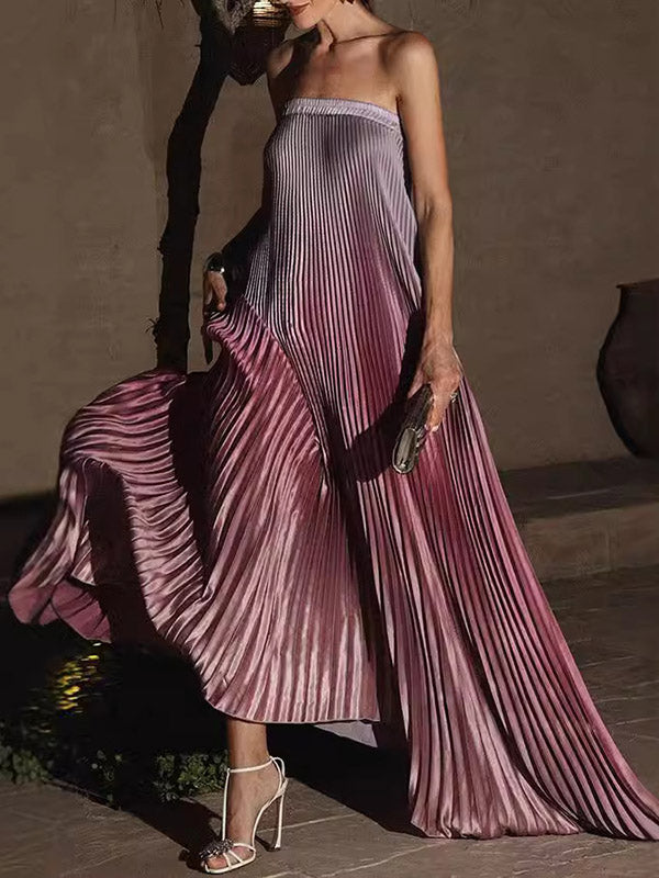 A-Line Loose Elasticity Gradient Pleated Tube Evening Dresses Maxi Dresses