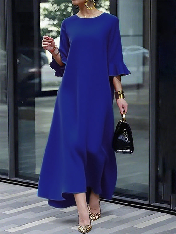 A-Line Flared Sleeves Solid Color Zipper Round-Neck Maxi Dresses