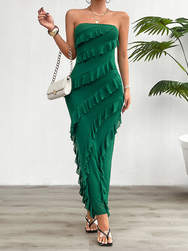 Bodycon High Waisted Ruffle Trim Solid Color Split-Back Split-Joint Tube Maxi Dresses