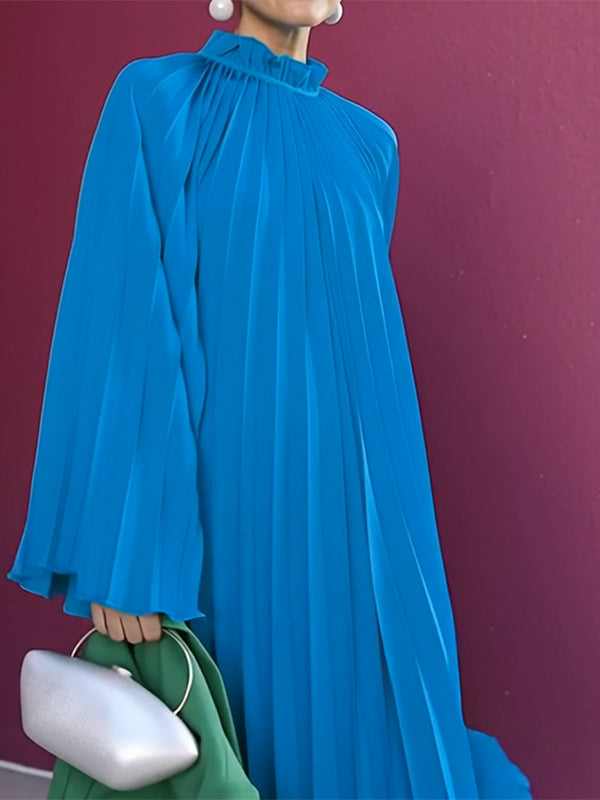 Flared Sleeves Loose Pleated Ruffled Solid Color Split-Joint High Neck Maxi Dresses