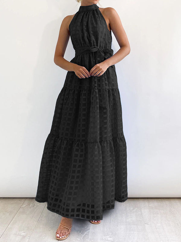 Loose Sleeveless Plaid Ribbed Stand Collar Maxi Dresses