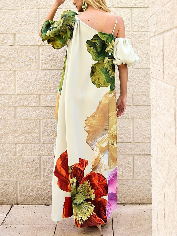 A-Line Loose Elasticity Flower Print One-Shoulder Maxi Dresses