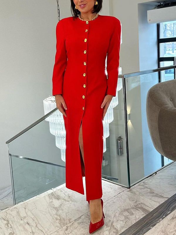 Bodycon Long Sleeves Buttoned Solid Color V-Neck Maxi Dresses Shirt Dress