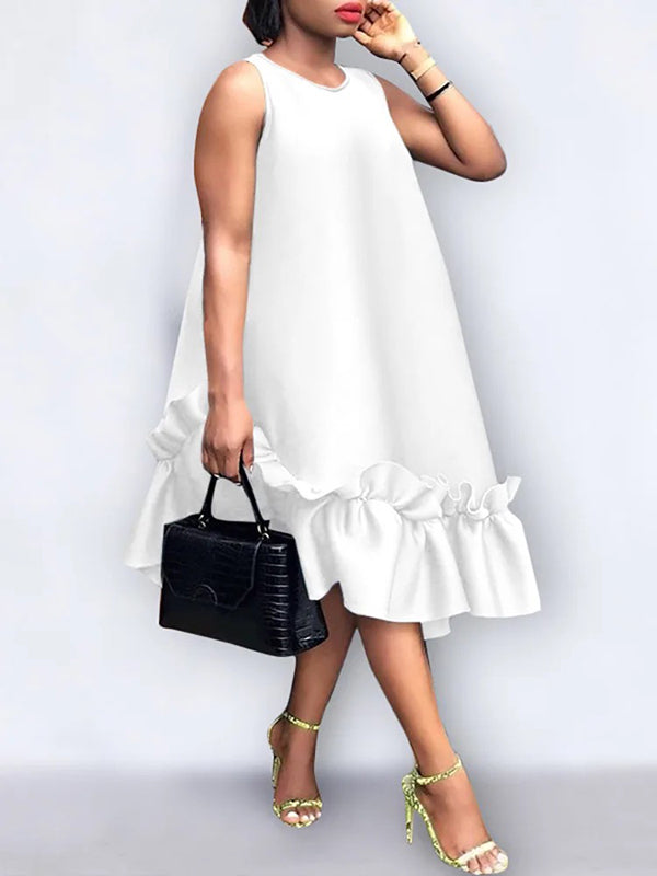 A-Line High Waisted Pleated Ruffle Trim Solid Color Round-Neck Midi Dresses