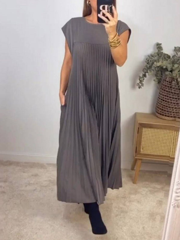 A-Line High Waisted Pleated Pockets Solid Color Split-Joint Round-Neck Maxi Dresses
