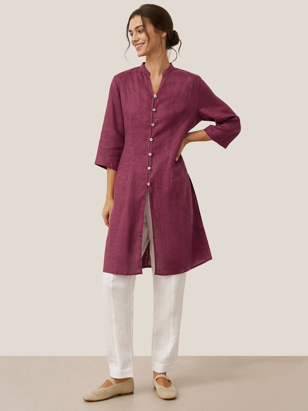 100% Linen Hand Button Long Top DILLON