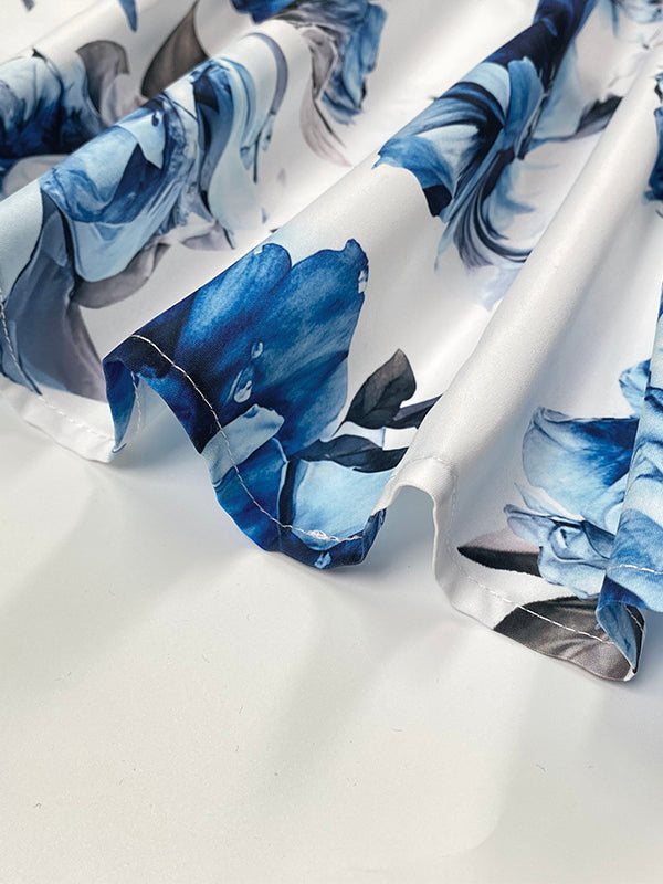 A-Line High Waisted Contrast Color Flower Print Pleated Halter-Neck Maxi Dresses