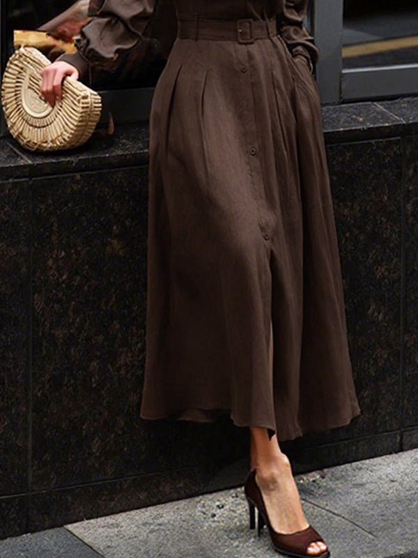 Loose Puff Sleeves Pleated Solid Color Split-Joint Lapel Maxi Dresses Shirt Dress