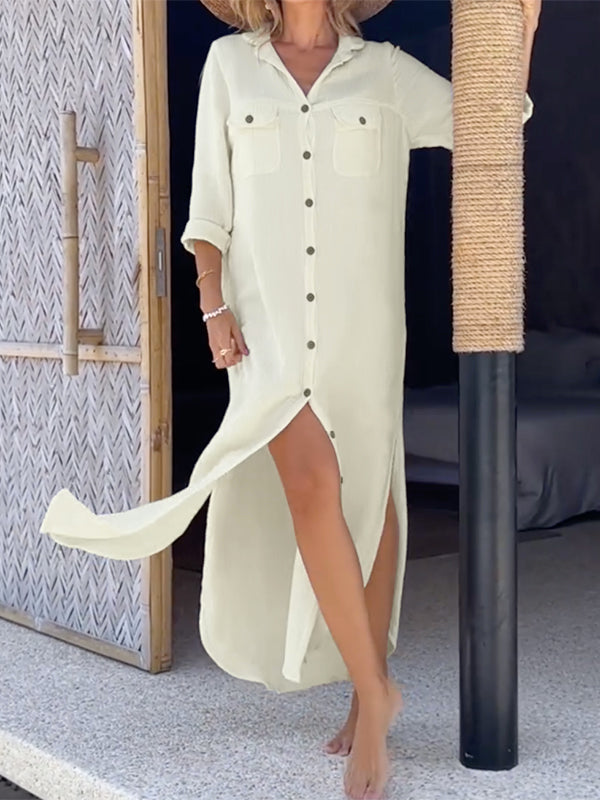 Long Sleeves Loose Buttoned Pockets Split-Side Lapel Maxi Dresses Shirt Dress