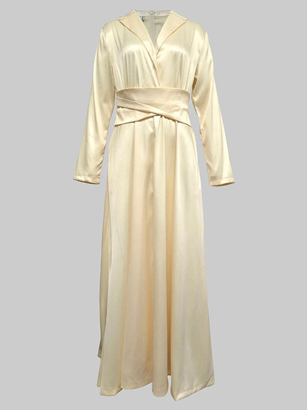 A-Line High Waisted Pleated Solid Color V-Neck Maxi Dresses