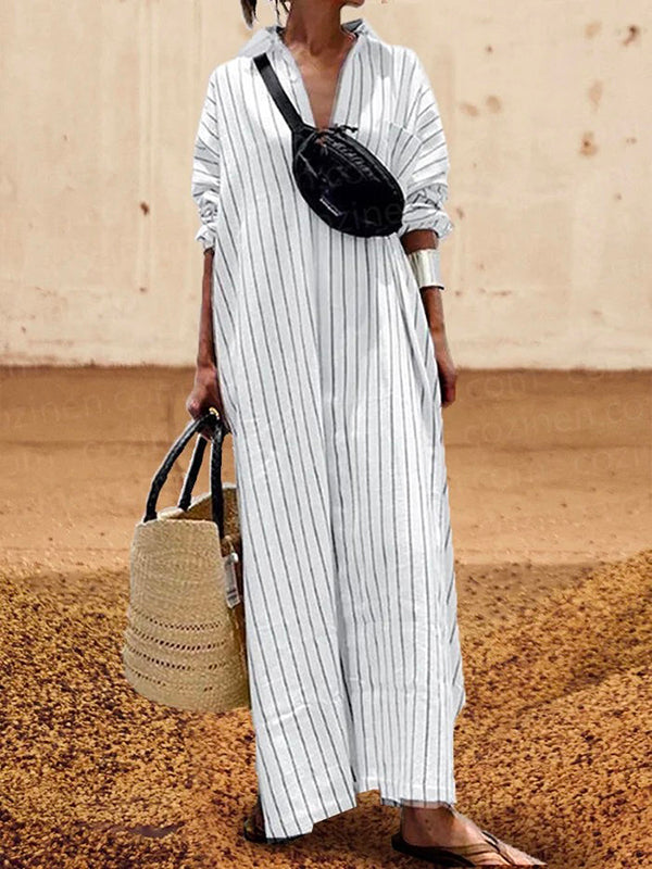 Long Sleeves Striped Lapel Maxi Dresses