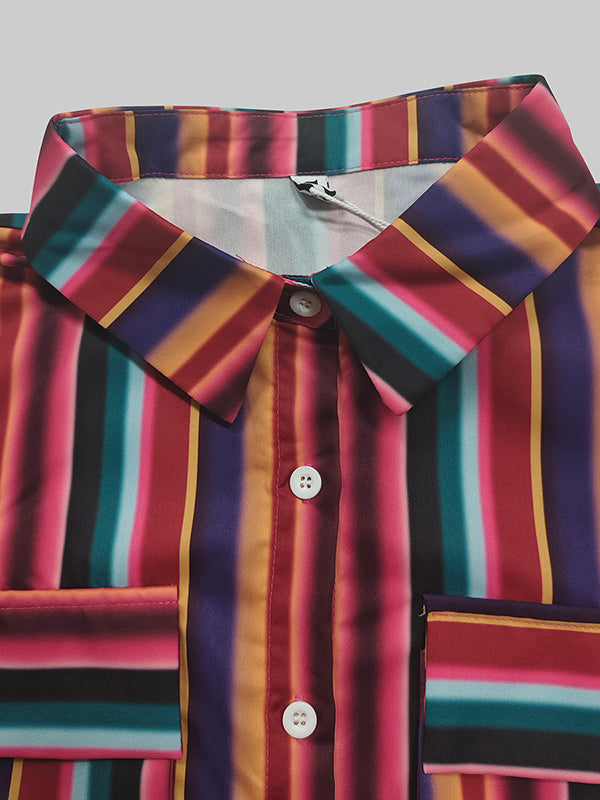 Long Sleeves Loose Split-Joint Striped Lapel Maxi Dresses Shirt Dress