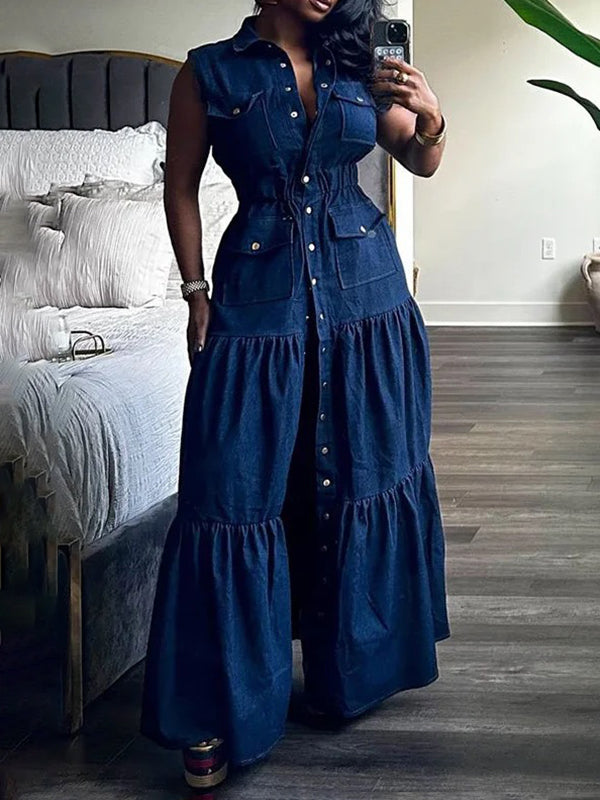 High Waisted Loose Buttoned Elasticity Pleated Pockets Solid Color Lapel Maxi Dresses