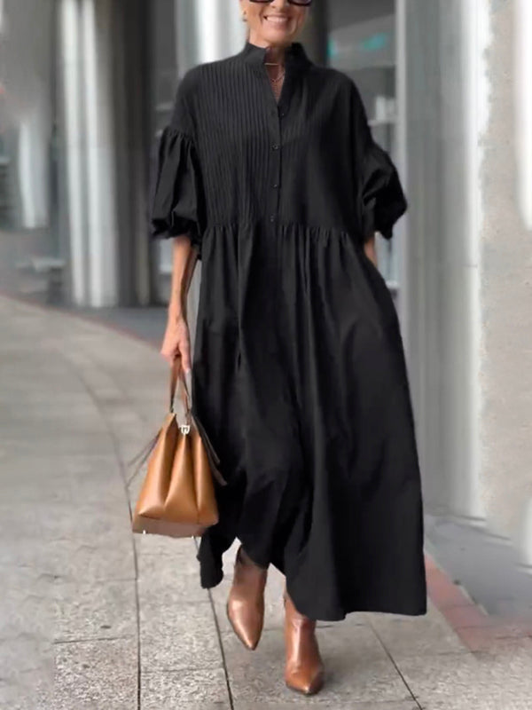 Half Sleeves Loose Buttoned Pleated Solid Color Tied Waist Stand Collar Maxi Dresses