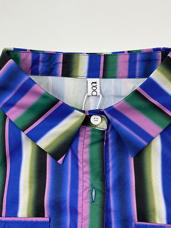 Long Sleeves Loose Split-Joint Striped Lapel Maxi Dresses Shirt Dress