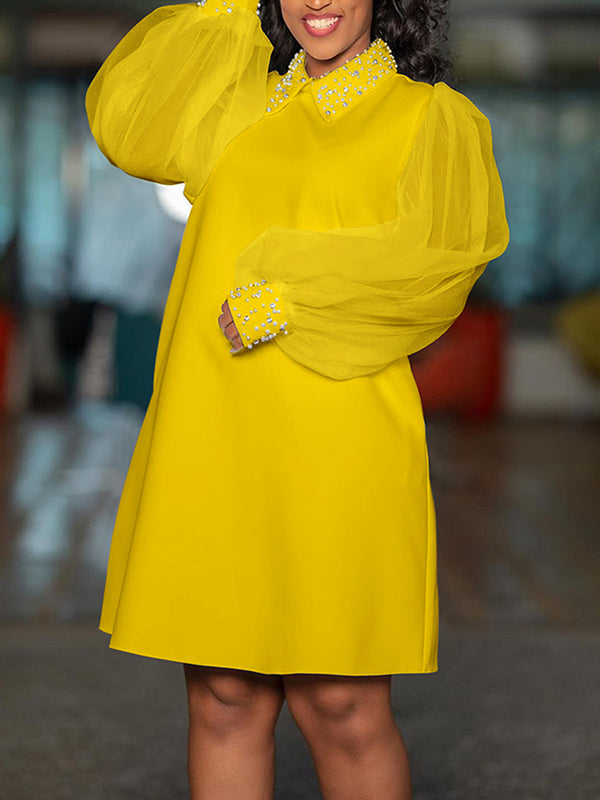 Puff Sleeves Beads Mesh Solid Color Split-Joint Round-neck Midi Dresses