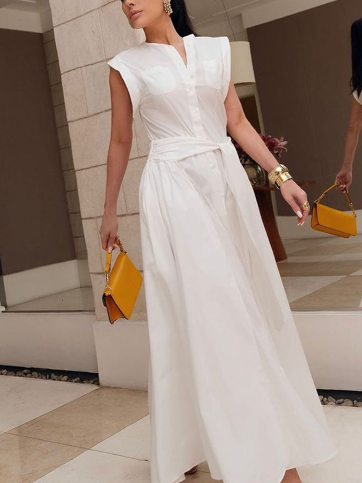 Cap Sleeve Loose Buttoned Solid Color Split-Side Tied Waist Maxi Dresses Shirt Dress