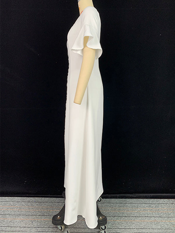 A-Line Flared Sleeves Shiny Solid Color Split-Joint Square-Neck Maxi Dresses