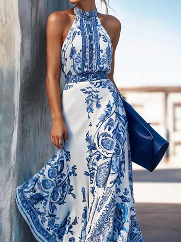A-Line High Waisted Contrast Color Flower Print Halter-Neck Maxi Dresses