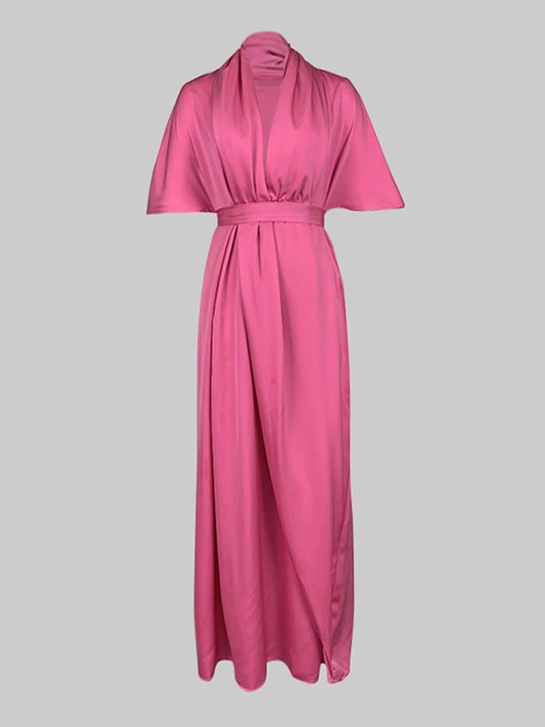 Loose Short Sleeves Asymmetric Pleated Solid Color Split-Joint V-Neck Maxi Dresses Shirt Dress