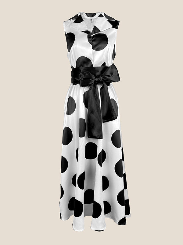 A-Line Sleeveless Polka-Dot Split-Joint Tied Waist Lapel Maxi Dresses Shirt Dress