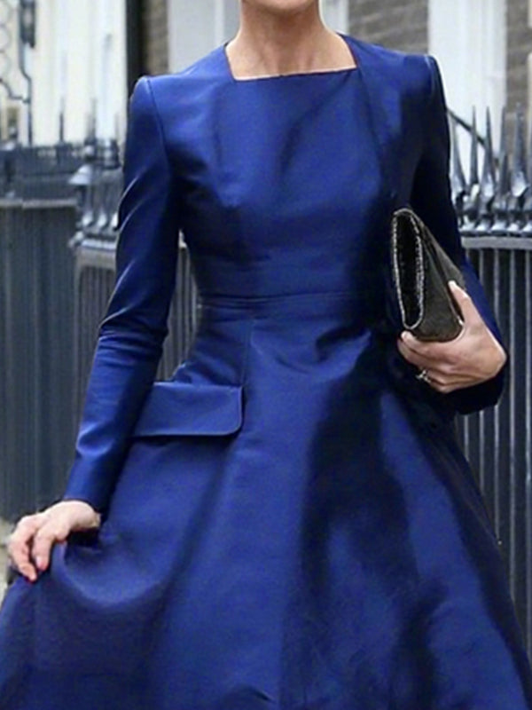 A-Line High Waisted Pockets Solid Color Square-Neck Midi Dresses