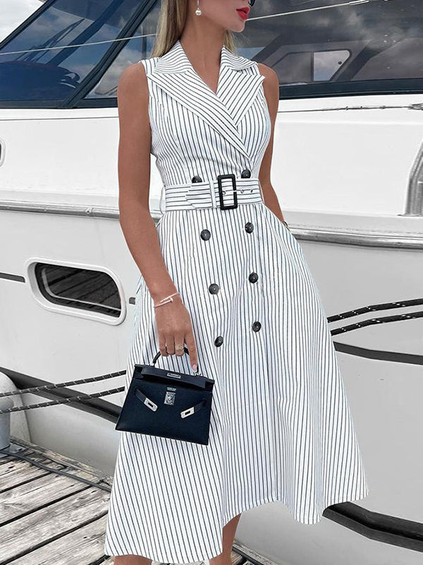 A-Line Sleeveless Split-Joint Striped Tied Waist Lapel Midi Dresses Shirt Dress