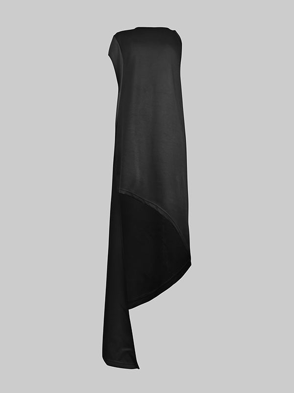 High-low Loose Asymmetric Solid Color Split-side Round-neck Maxi Dresses