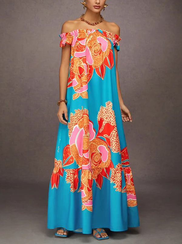 A-Line Loose Elasticity Flower Print Pleated Split-Joint Off-The-Shoulder Maxi Dresses
