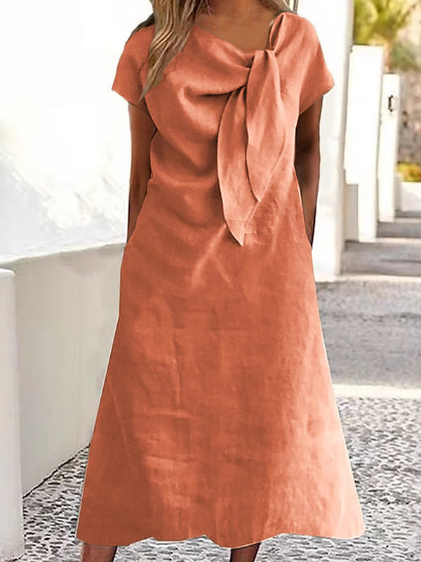 Loose Raglan Sleeve Asymmetric Solid Color Split-Joint Round-Neck Midi Dresses