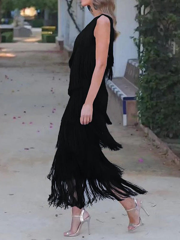 Loose Sleeveless Asymmetric Solid Color Split-Joint Tasseled One-Shoulder Maxi Dresses