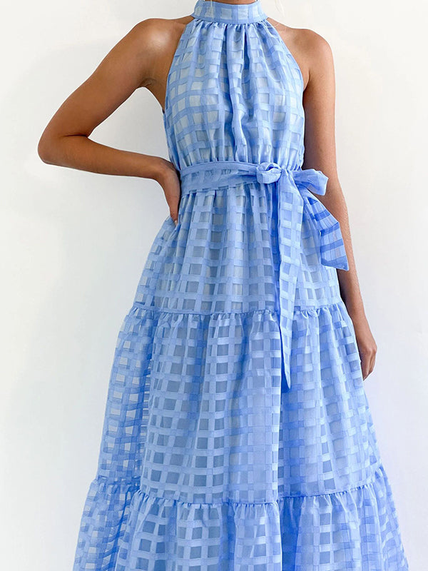 Loose Sleeveless Plaid Ribbed Stand Collar Maxi Dresses