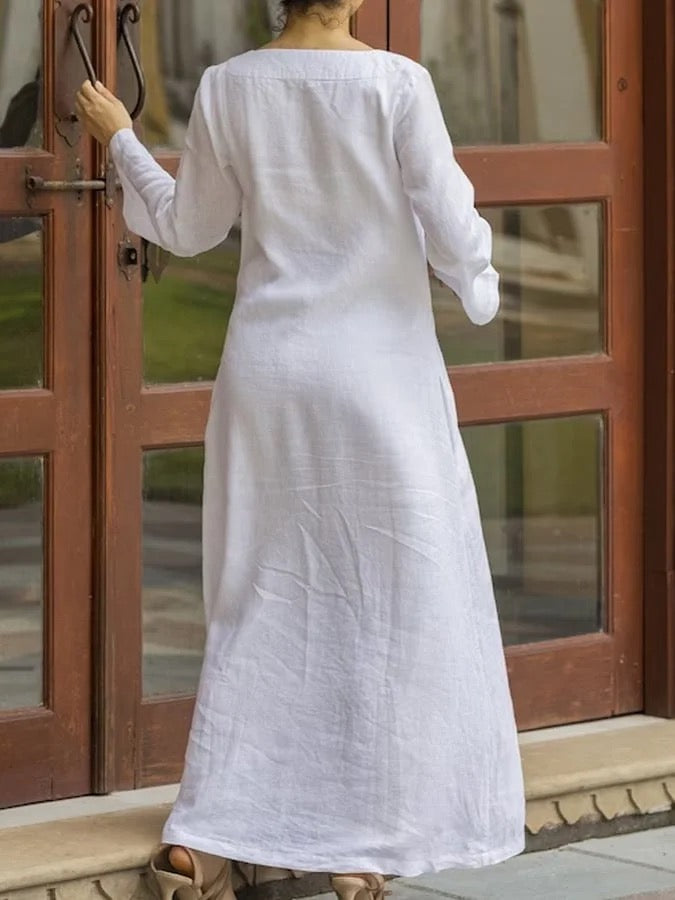 Long Sleeves Loose Solid Color V-Neck Maxi Dresses