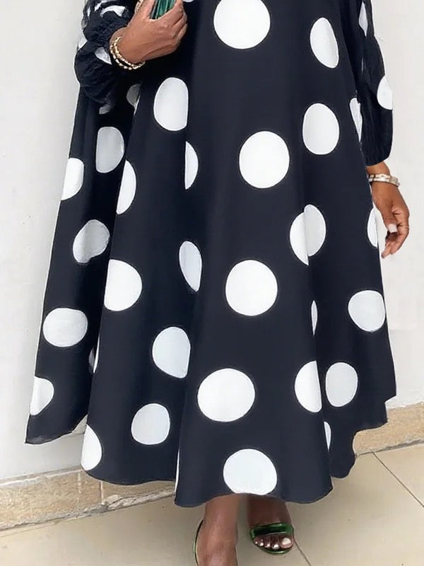Long Sleeves Loose Contrast Color Polka-Dot Round-Neck Maxi Dresses