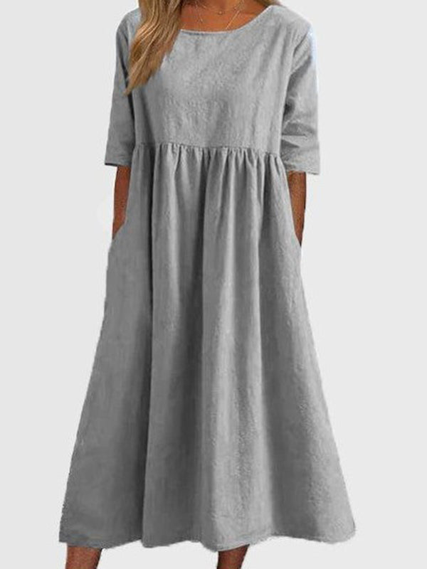 A-Line Half Sleeves Pleated Pockets Solid Color Round-Neck Midi Dresses