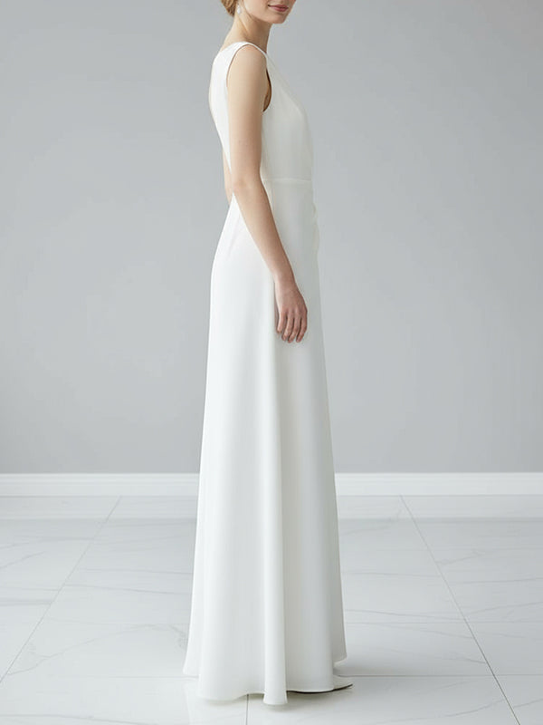 Sleeveless Gauze Pleated Solid Color Split-Joint Round-Neck Evening Dresses Maxi Dresses