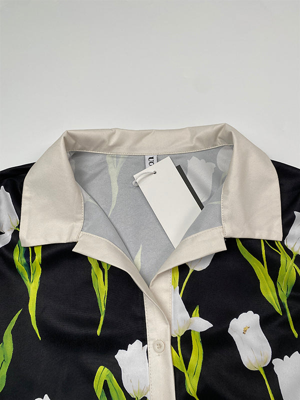 A-line Loose Buttoned Flower Print Stand Collar Mini Dresses